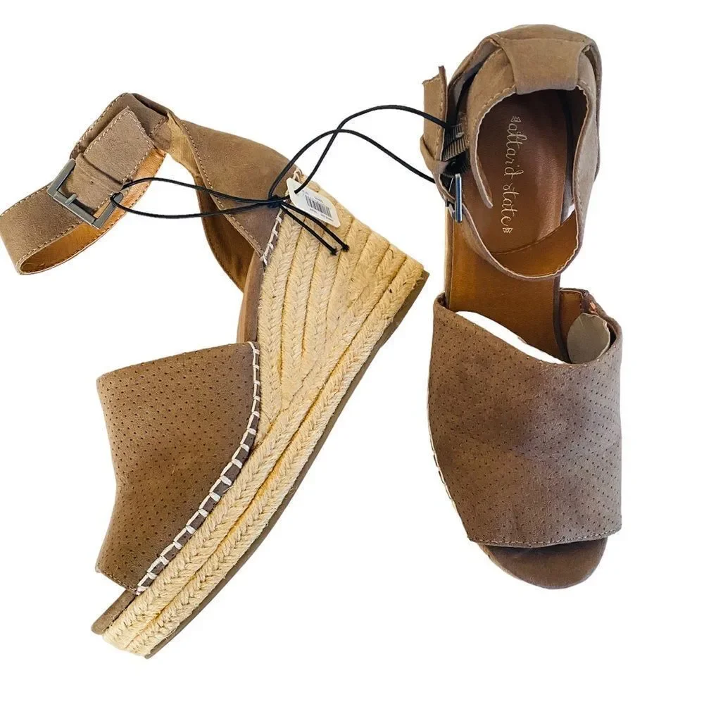Altar’d State Marie Taupe Faux Suede Espadrille Platform Wedge Sandals Sz 10 NWT